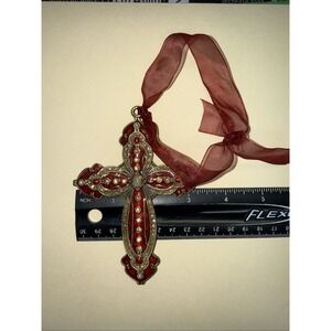 Red Hanging Cross VTG Hand made Metal with crystals & Beads 4.5 inch Long X-62